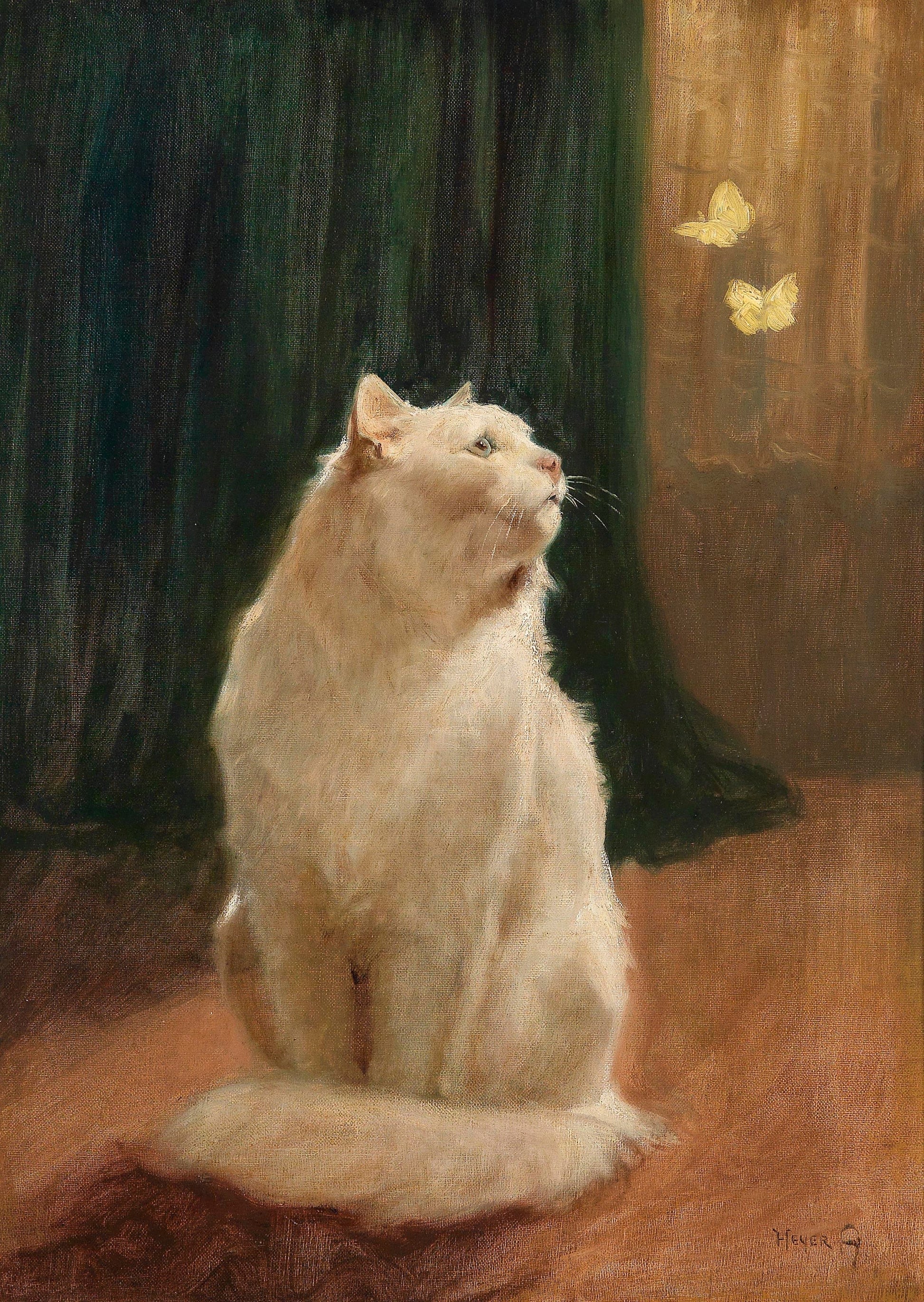 Painting of a white cat sitting on a wooden floor with a butterfly in the background