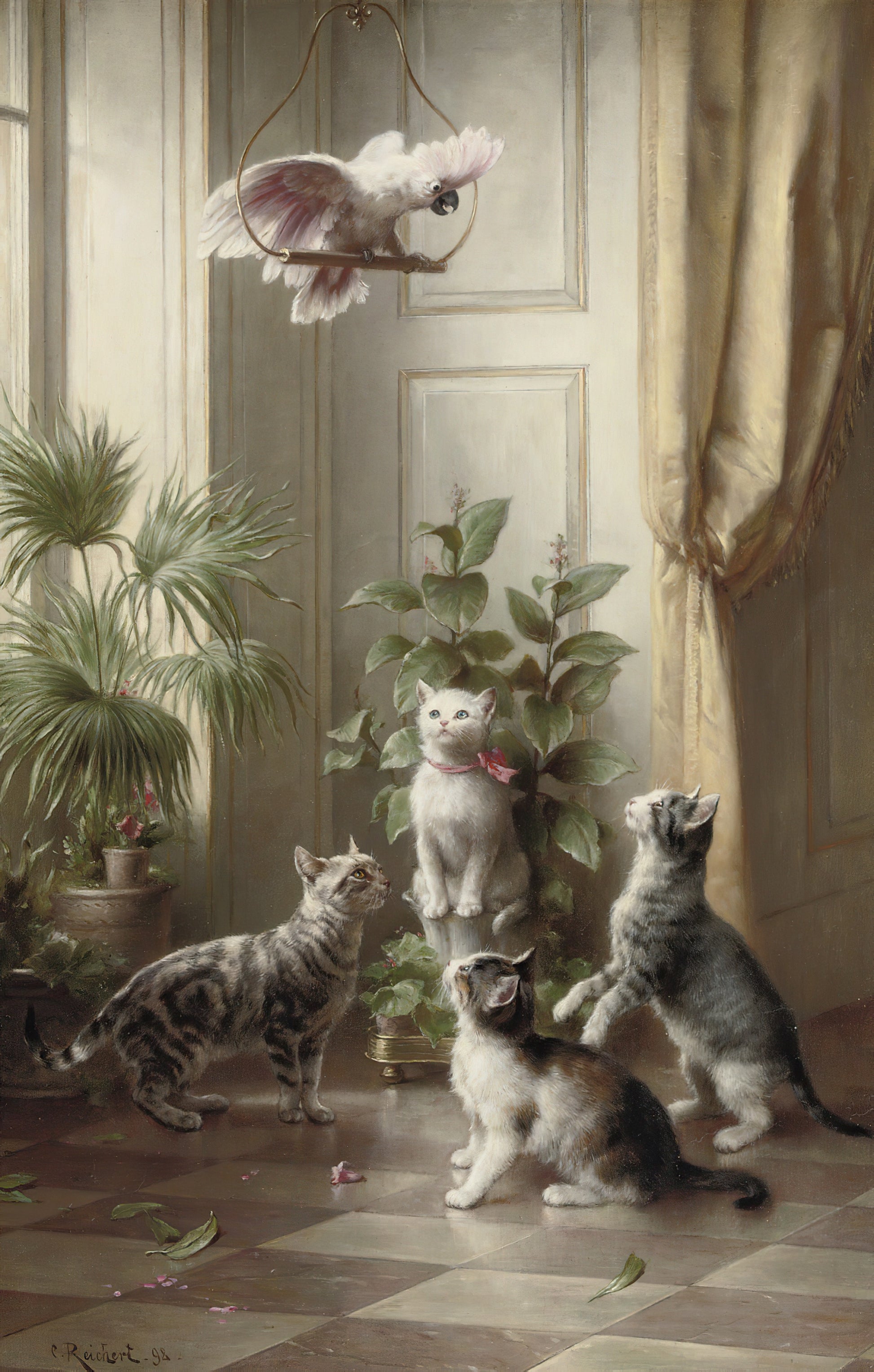 Painting of kittens and a parrot in an elegant room with plants and decorative elements.