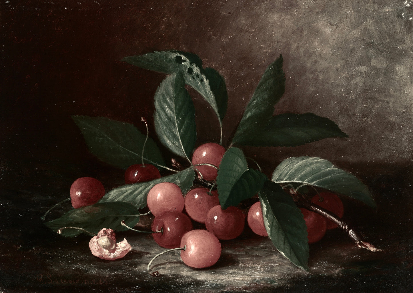 Still life painting of cherries with leaves on a dark background