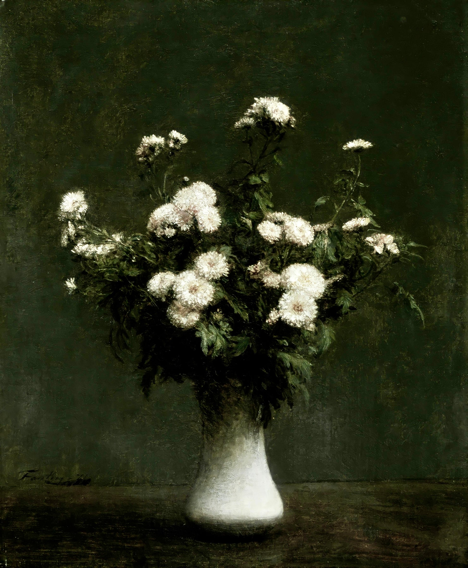 Bouquet of white flowers in a vase against a dark background
