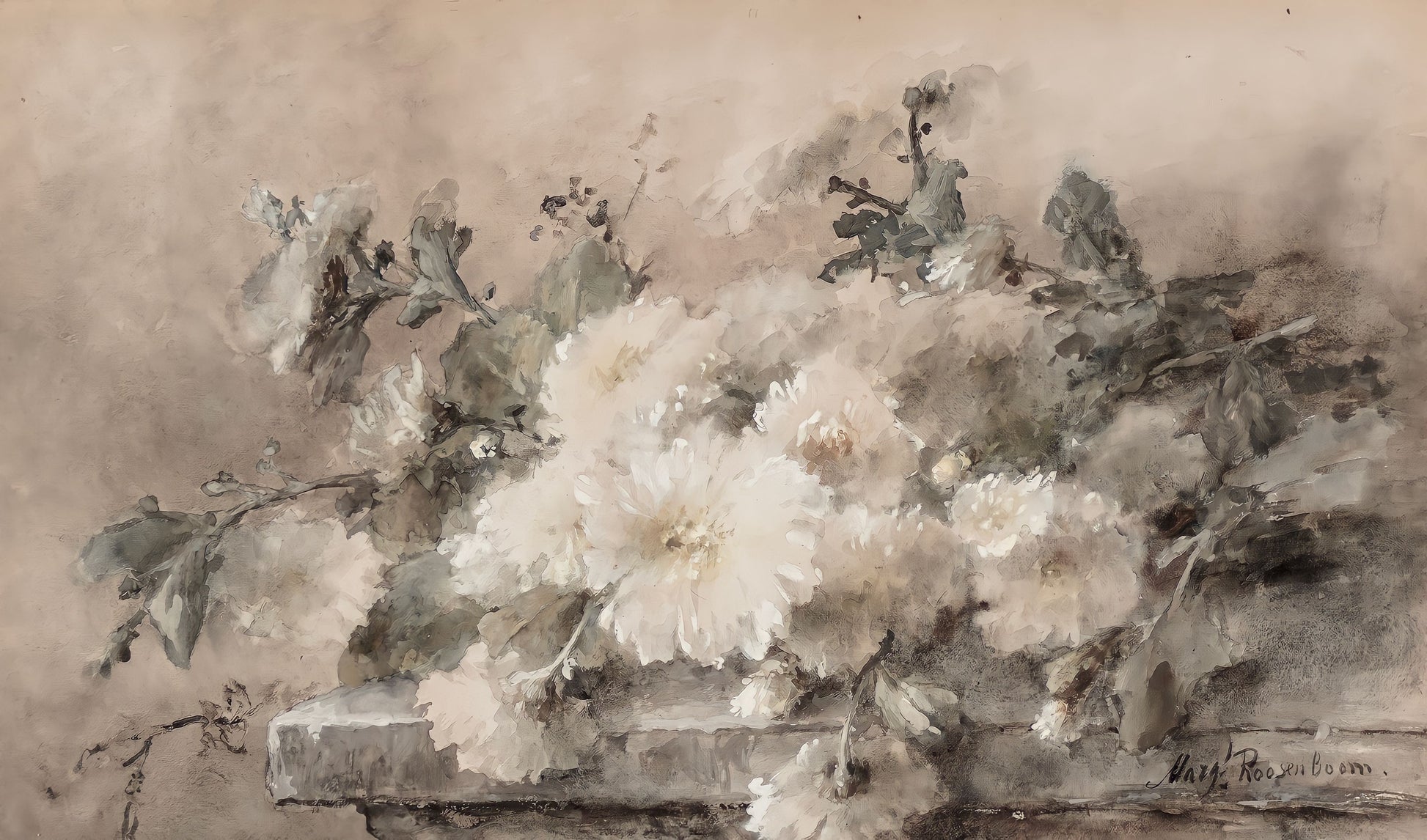 Artistic depiction of white flowers on a neutral background