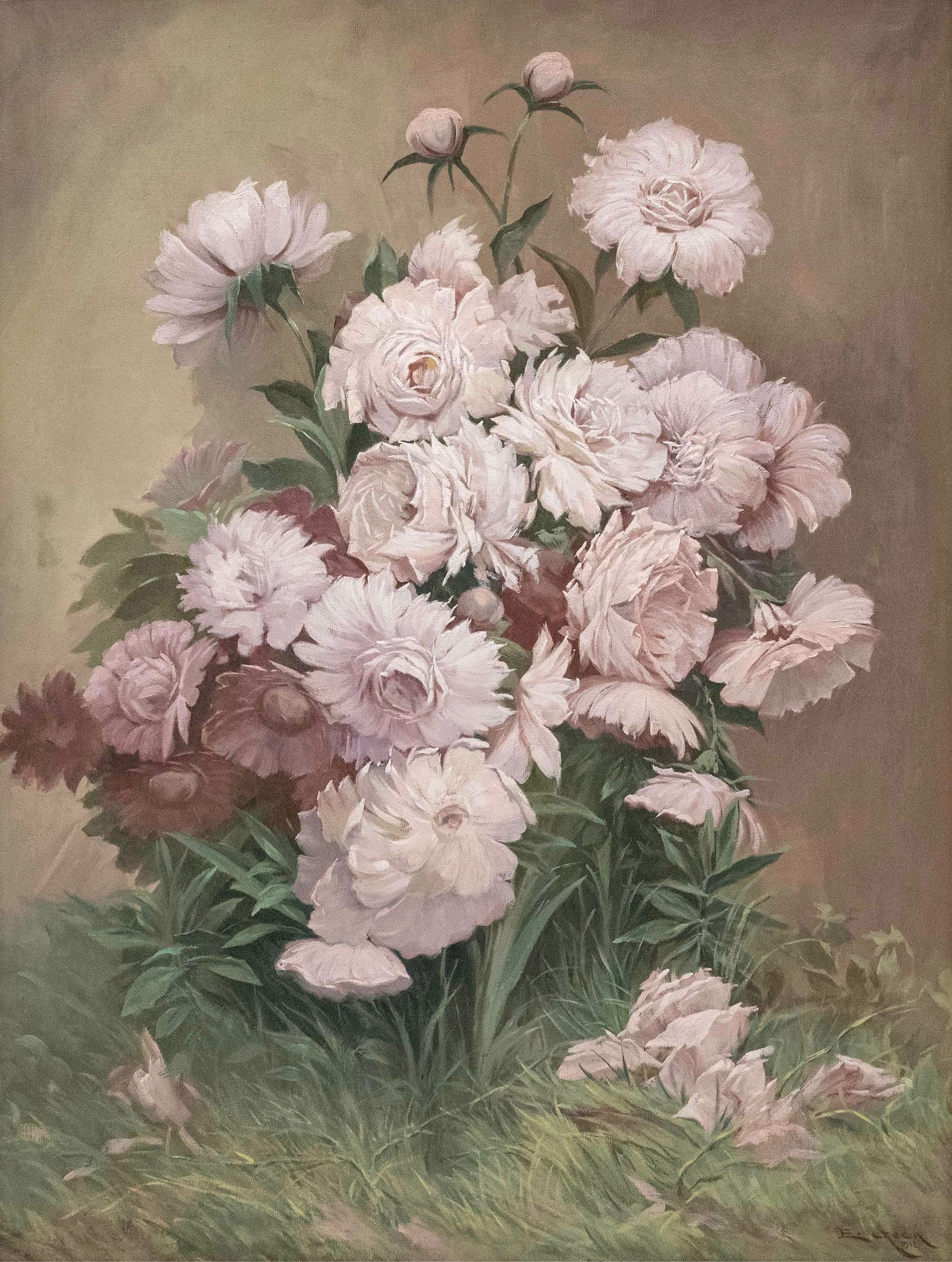 Vintage-style painting of a bouquet of flowers with a soft, muted color palette.