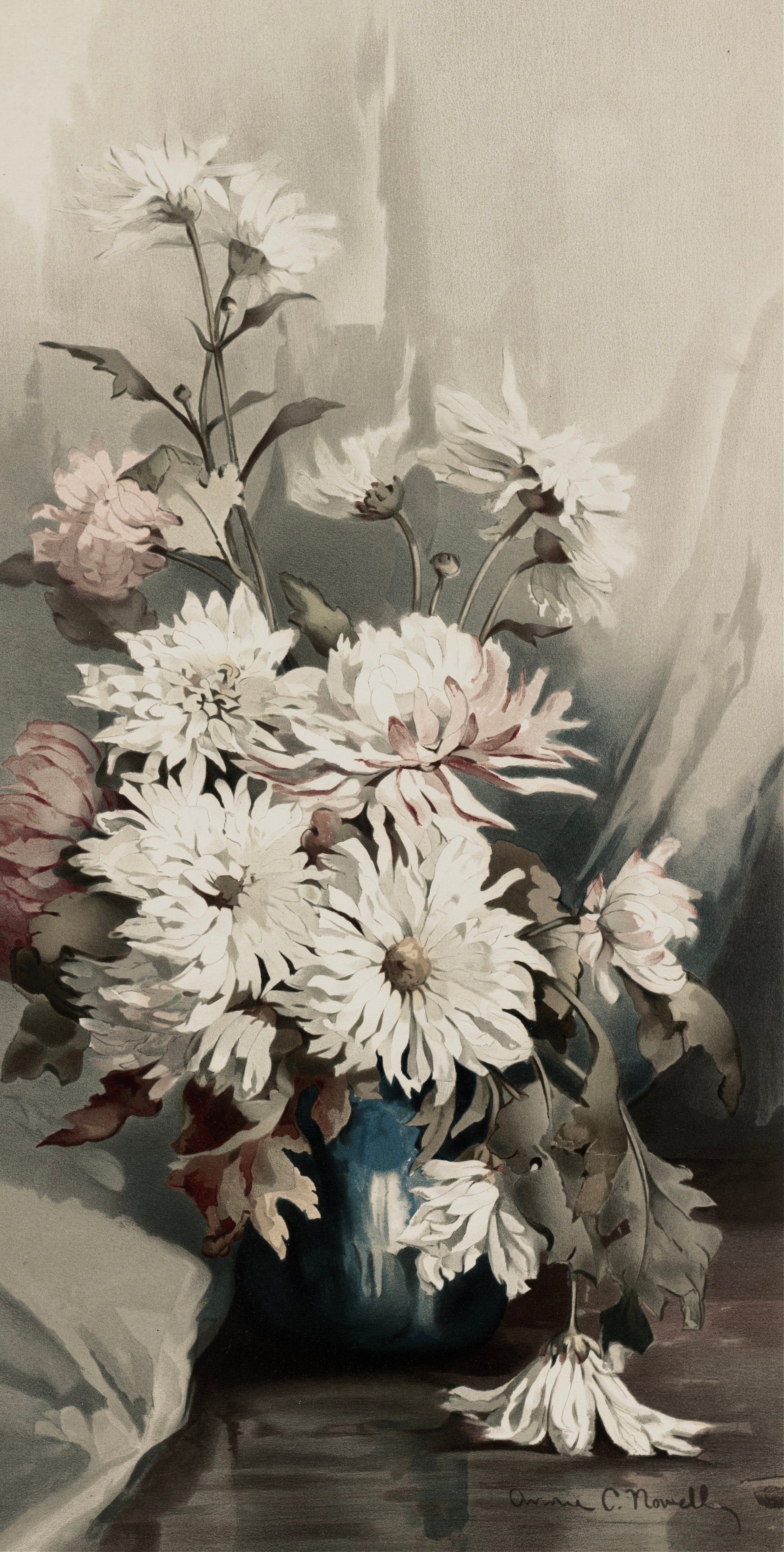 Still life painting of flowers in a vase with a soft focus background