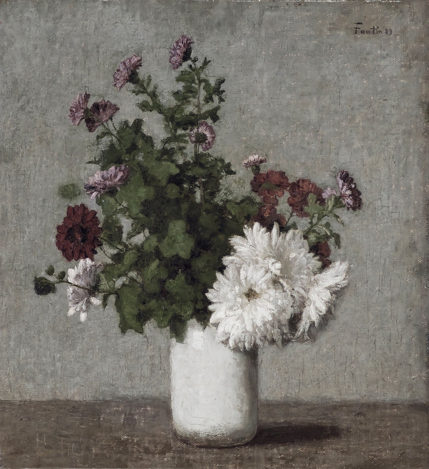 Still life painting of flowers in a vase against a gray background