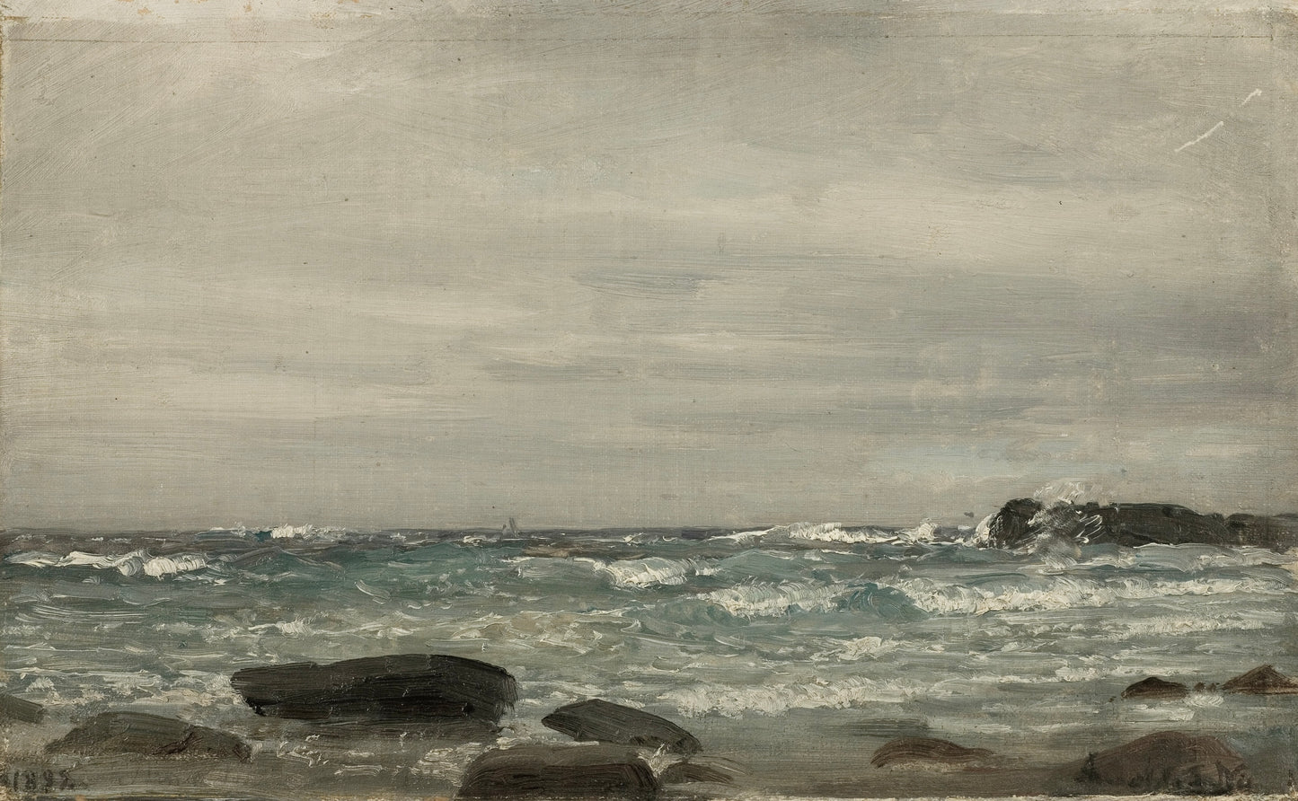 Painting of a coastal scene with rocks and waves under a cloudy sky.