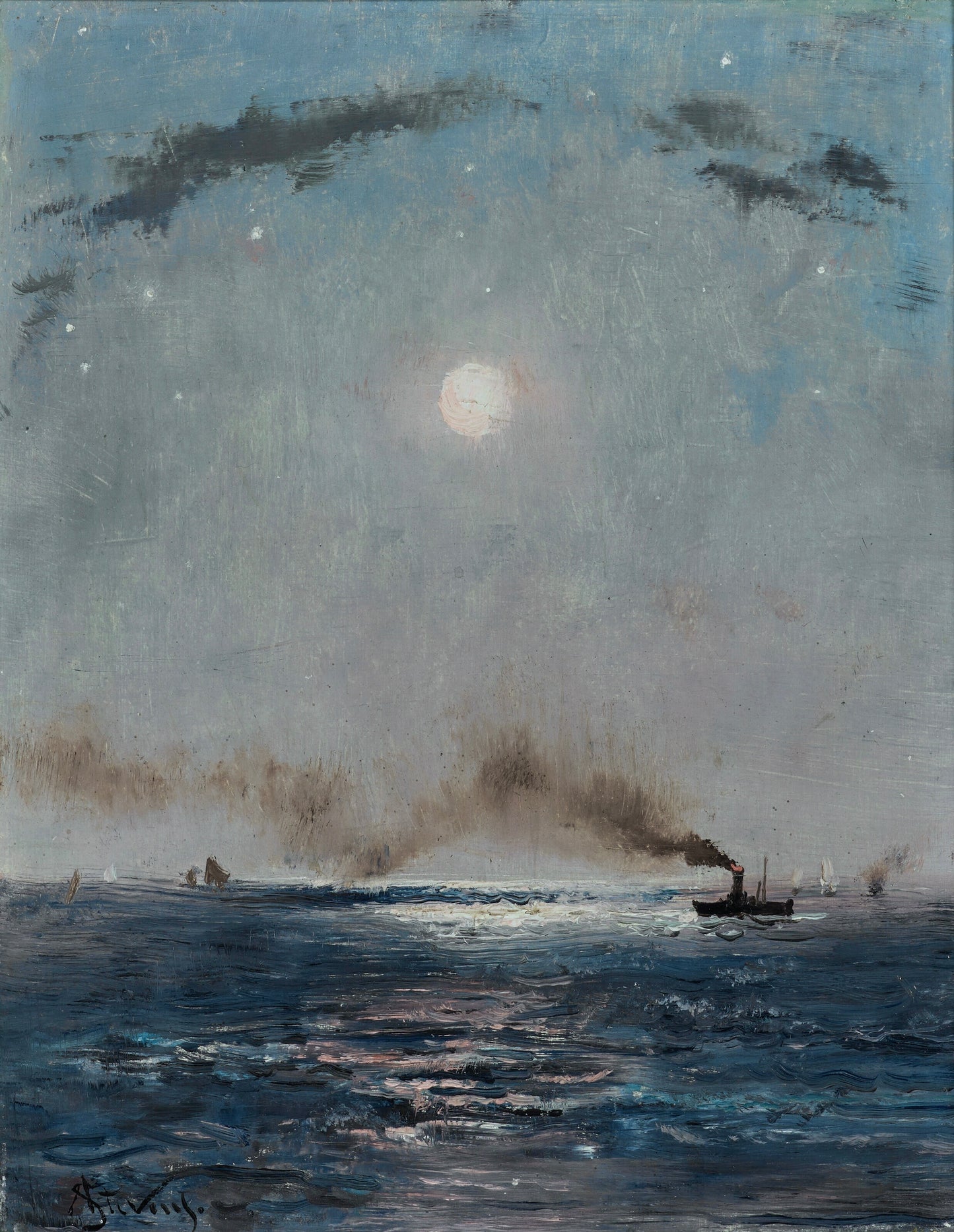Painting of a moonlit sea with ships and smokestacks.