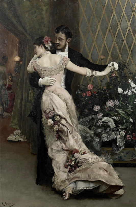 Painting of a couple dancing in an elegant setting with flowers and decorative elements.