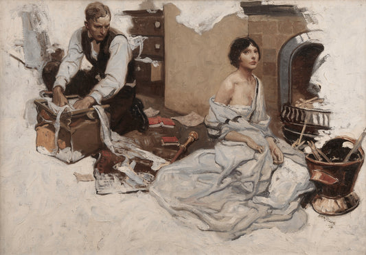 Artistic depiction of a man packing a suitcase next to a woman sitting on a bed in a room.