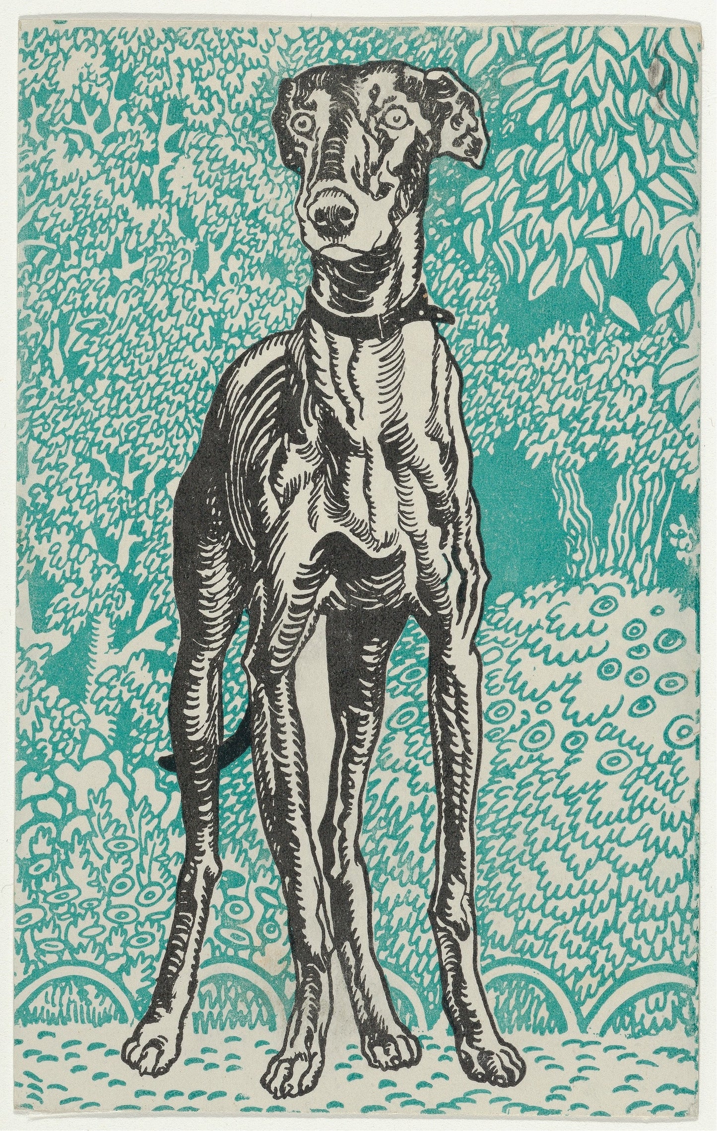 Vintage greyhound dog art print in teal woodcut style – elegant pet portrait for dog lovers