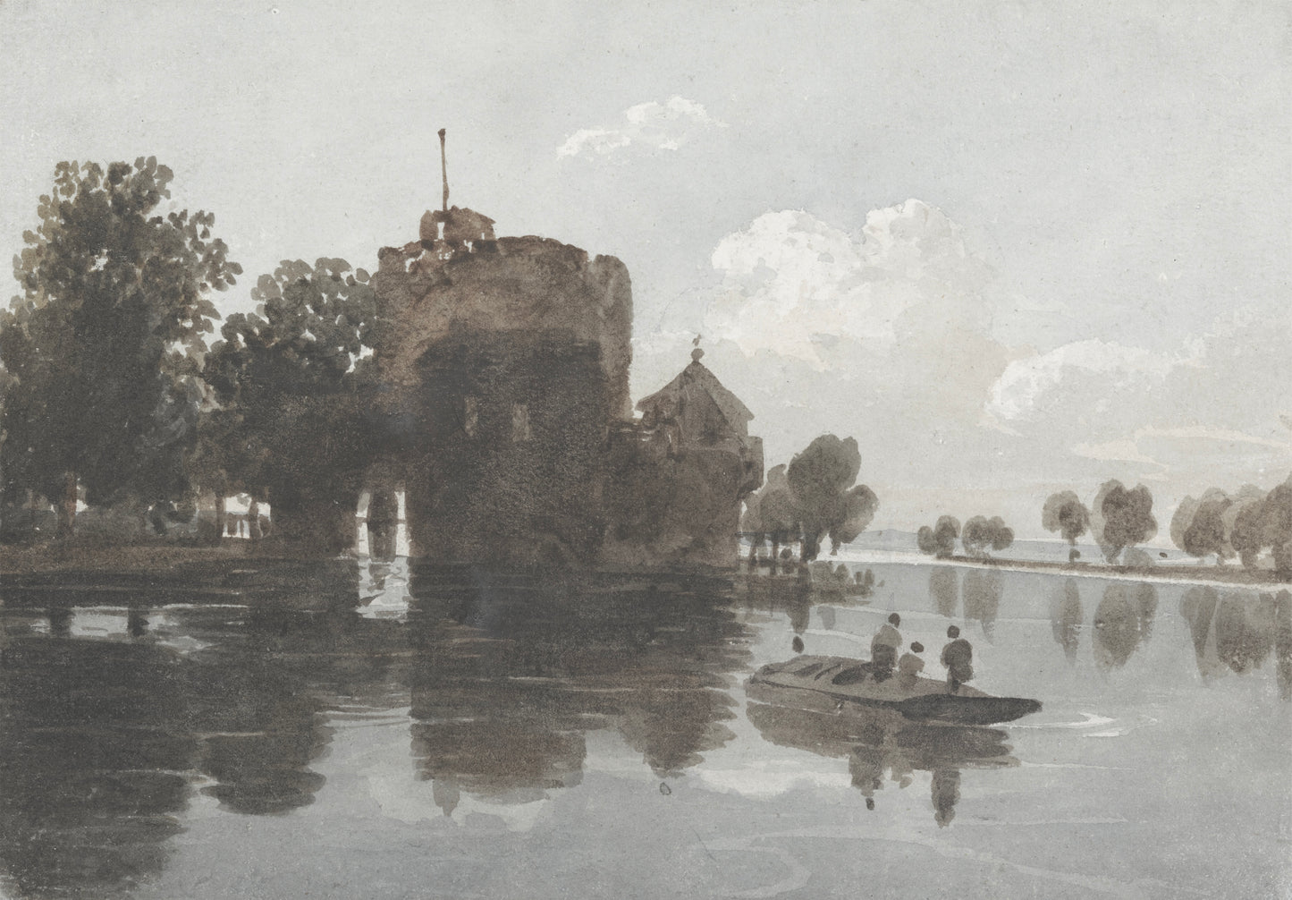 Historical black and white image of a castle with a boat on a lake
