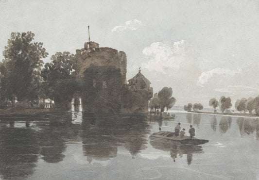 Historical black and white image of a castle with a boat on a lake