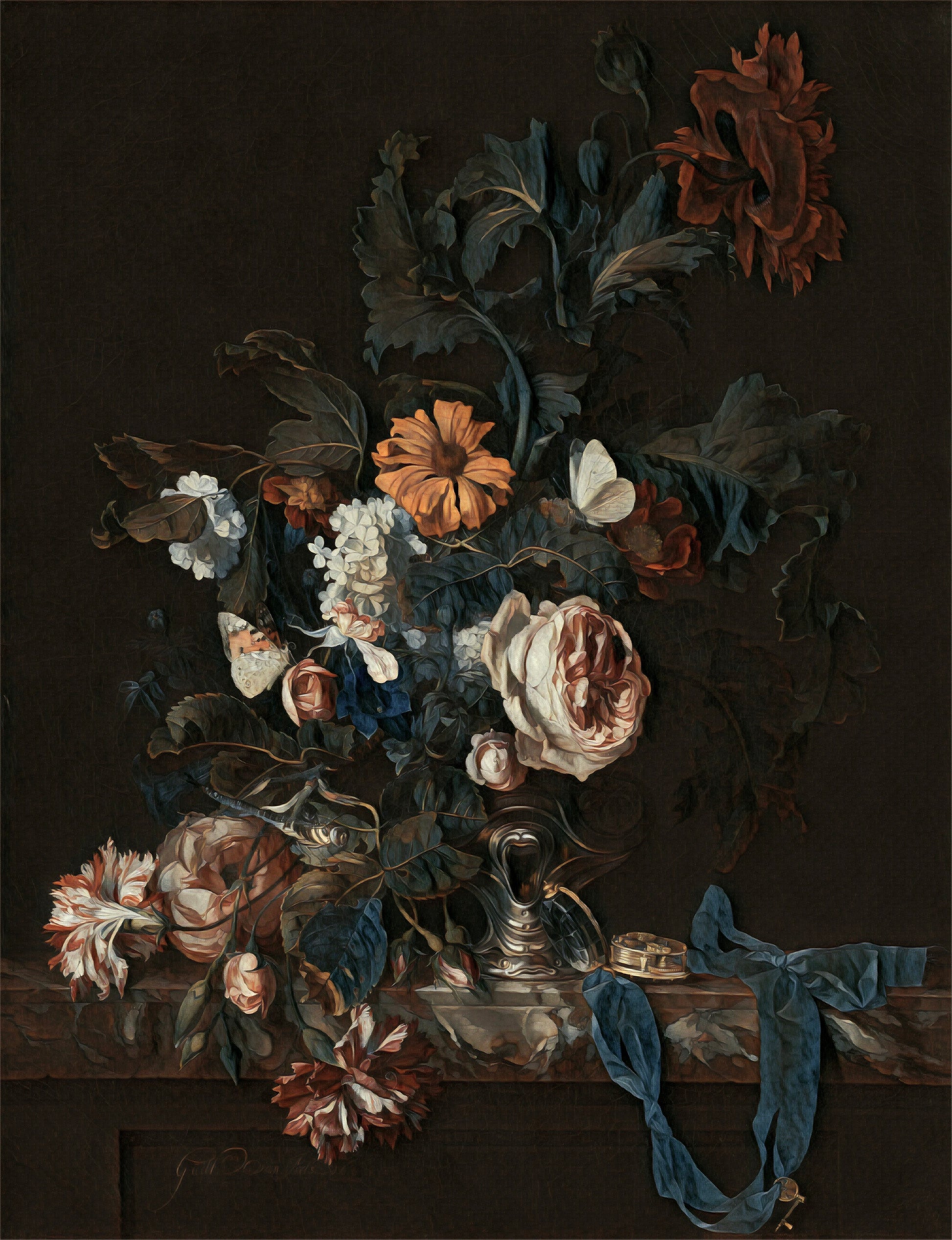 Still life painting of flowers and a blue ribbon on a dark background