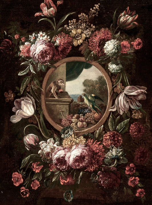 Floral arrangement with a small inset scene of a monkey and bird on a tomb.
