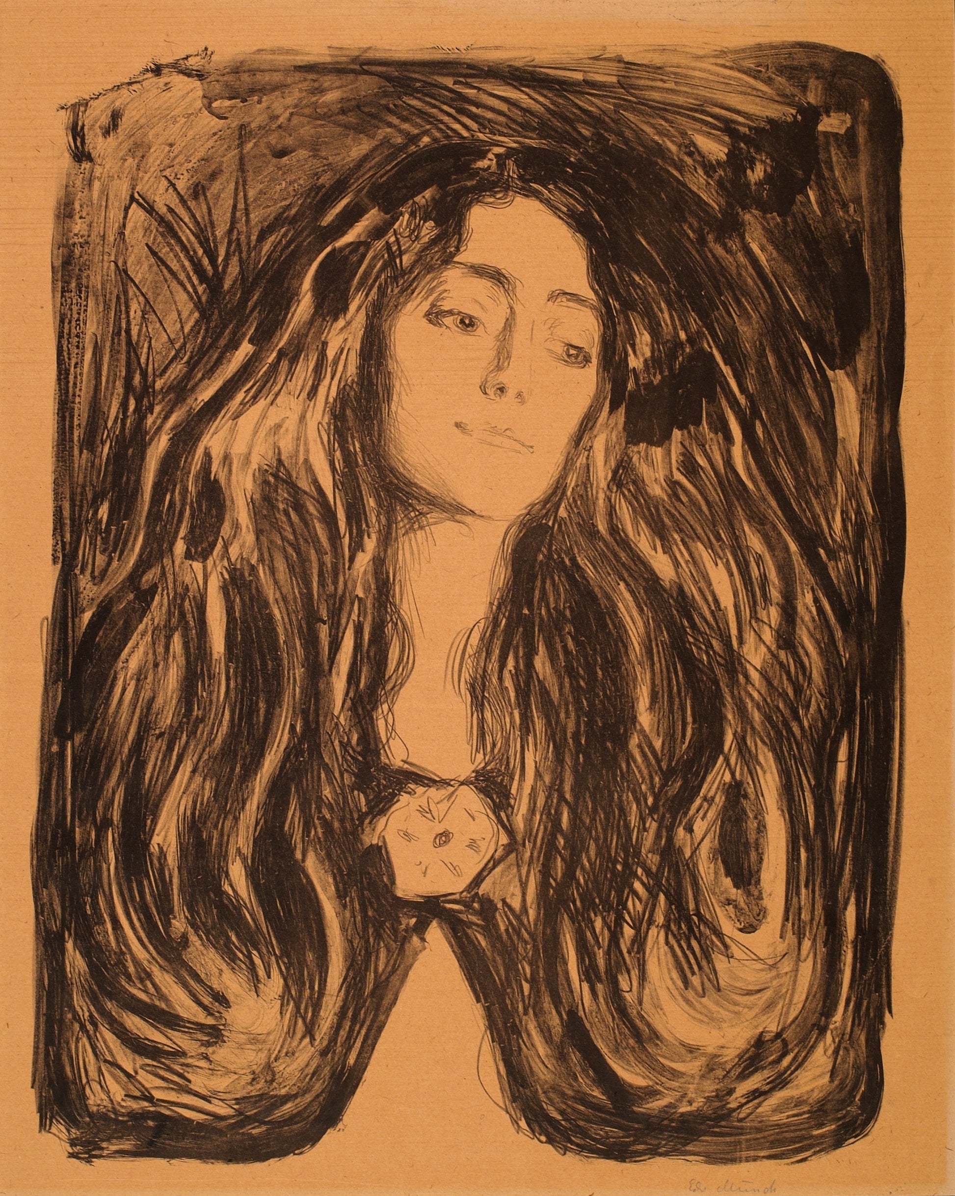 Artistic depiction of a woman with long hair on a beige background