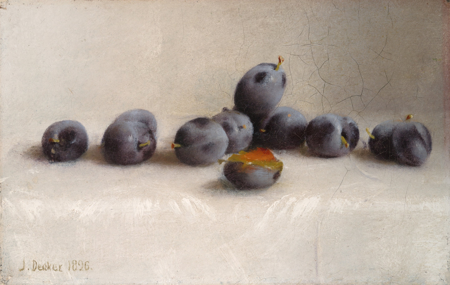 Painting of plums arranged on a textured surface