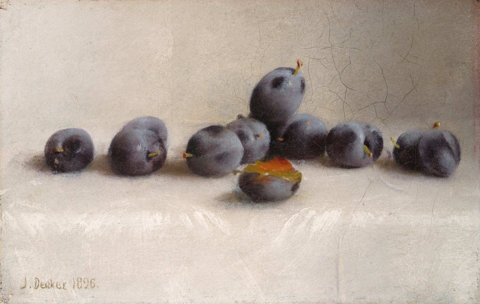 Painting of plums arranged on a textured surface
