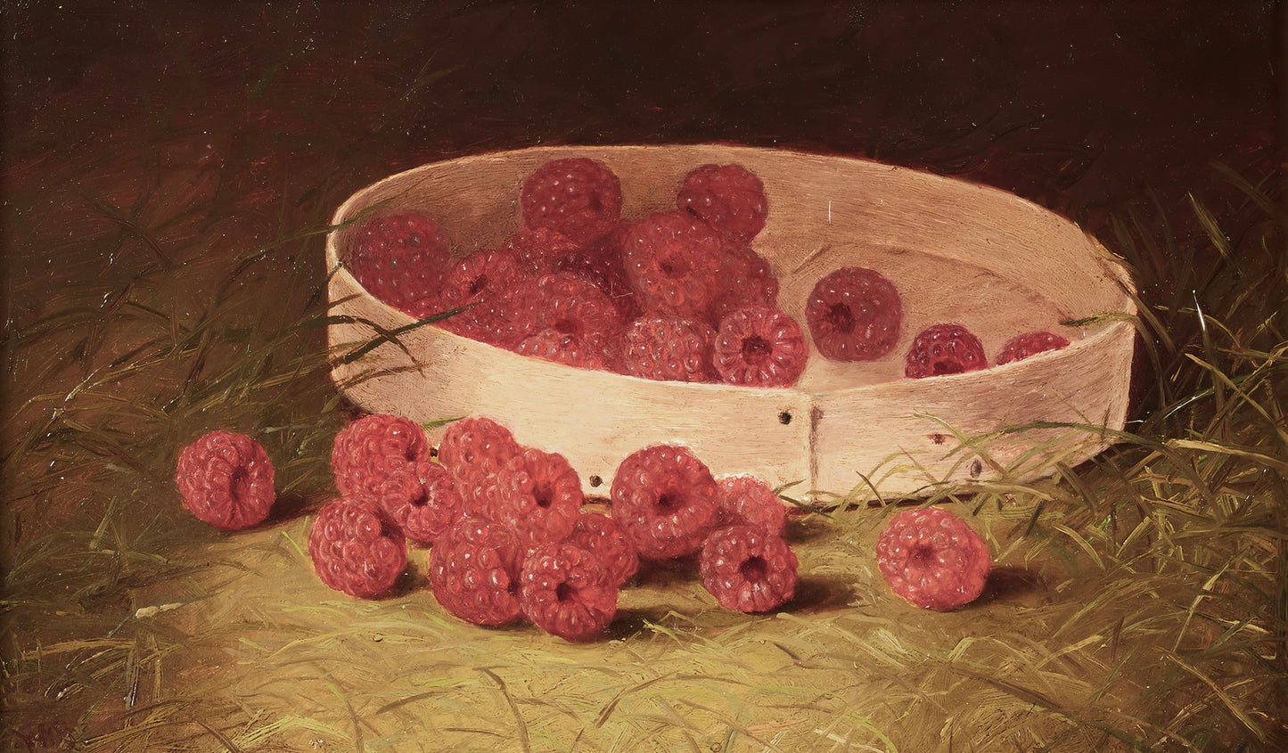 Still life painting of raspberries in a woven basket on grass