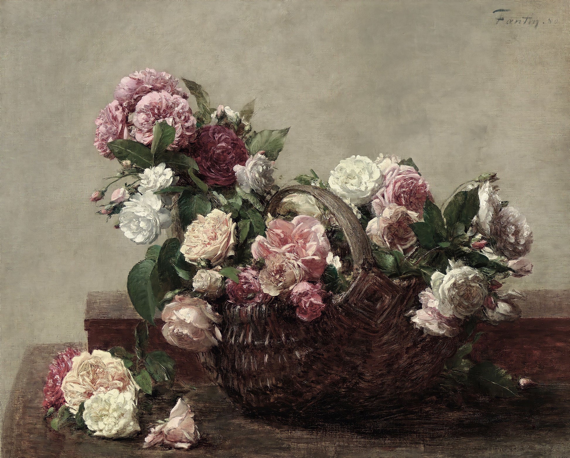 Still life painting of a basket of flowers with a horseshoe on a wooden surface.