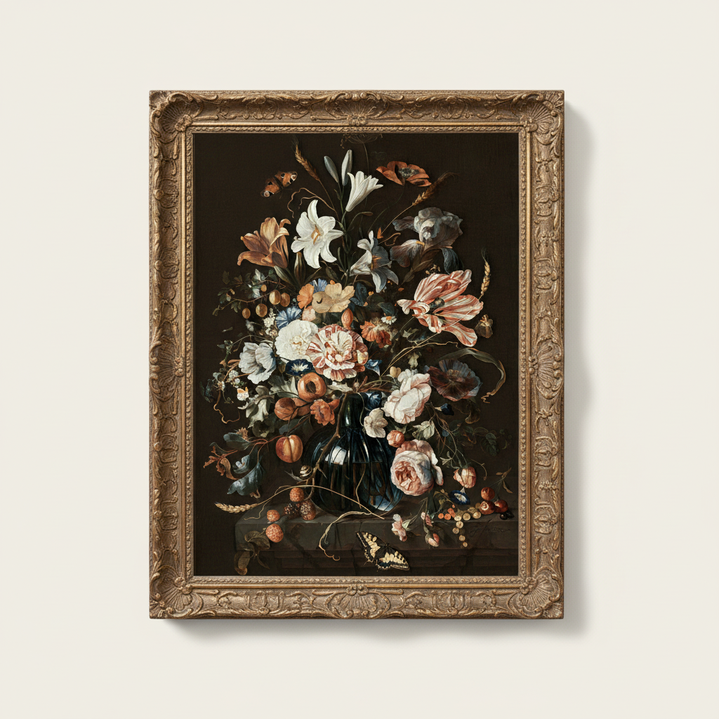 Baroque Floral Still Life Aged Gold Frame Mockup