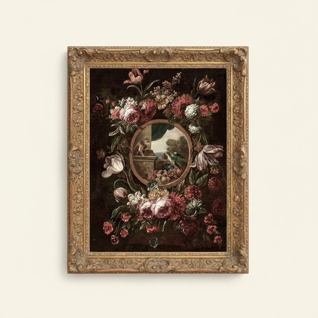 Baroque Floral Wreath Aged Gold Frame Mockup