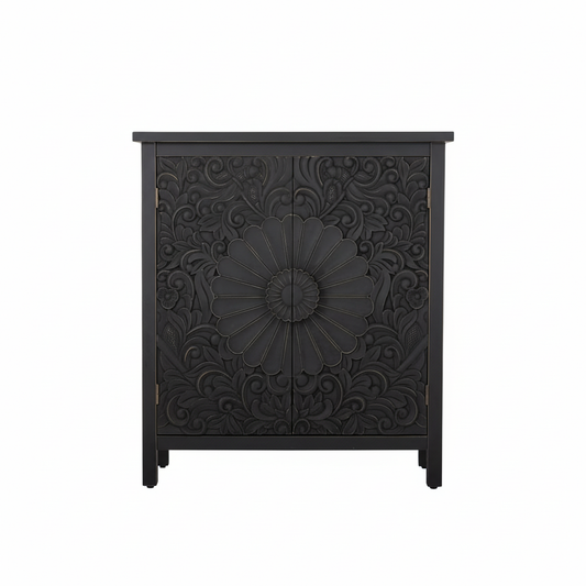 Black Carved Floral Storage Cabinet