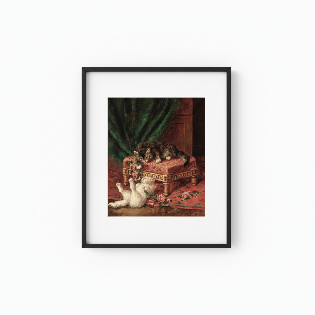 Cat with Flowers Portrait - Black Frame
