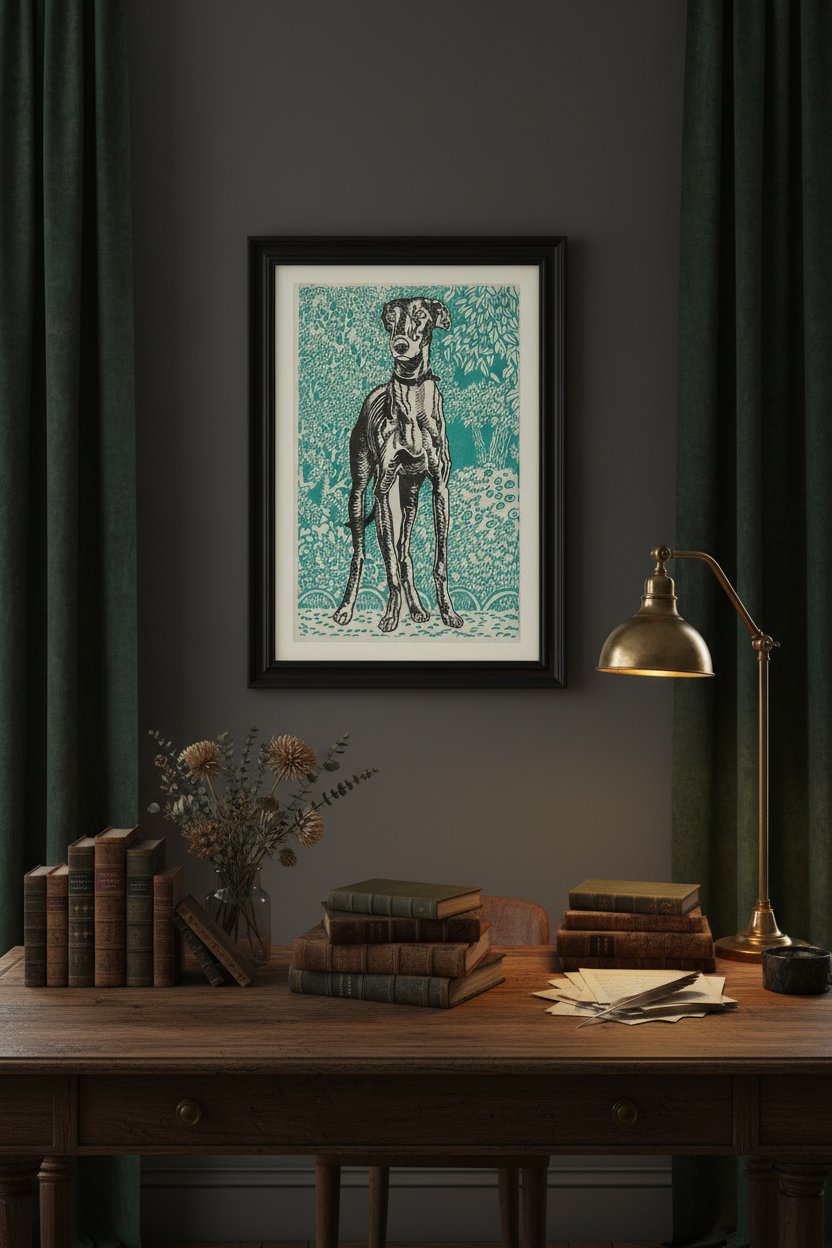 Dark academia study with greyhound print