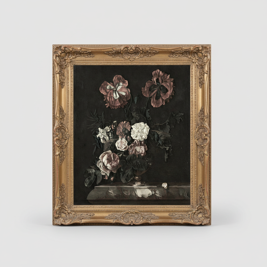 Dark Floral Reflection Aged Gold Frame Mockup