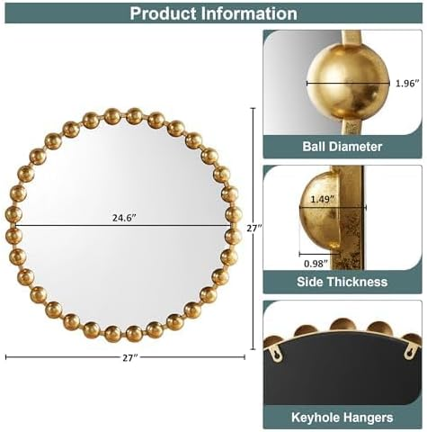 Madison Park Gold Beaded Round Mirror 27" - Marlowe Metal Frame Wall Mirror