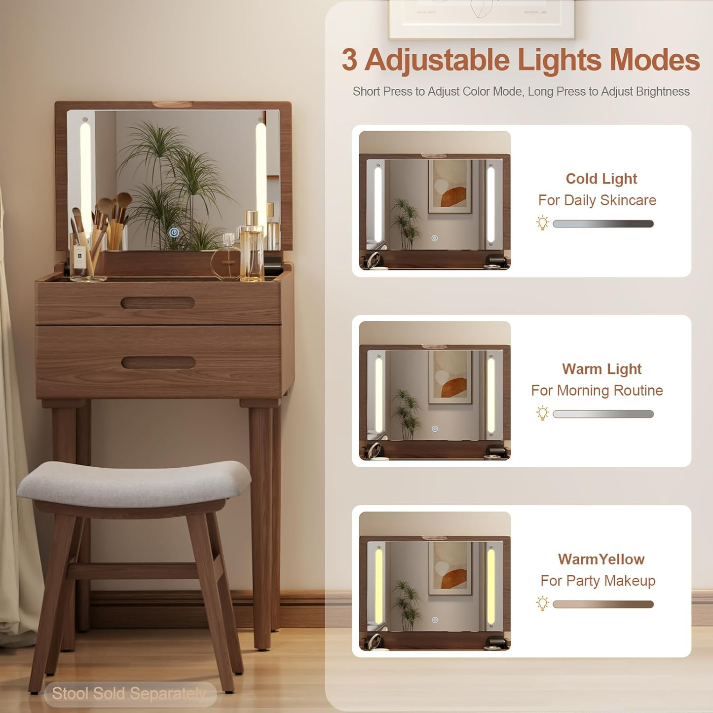 Solid Wood Walnut Vanity Desk with LED Mirror & Lights