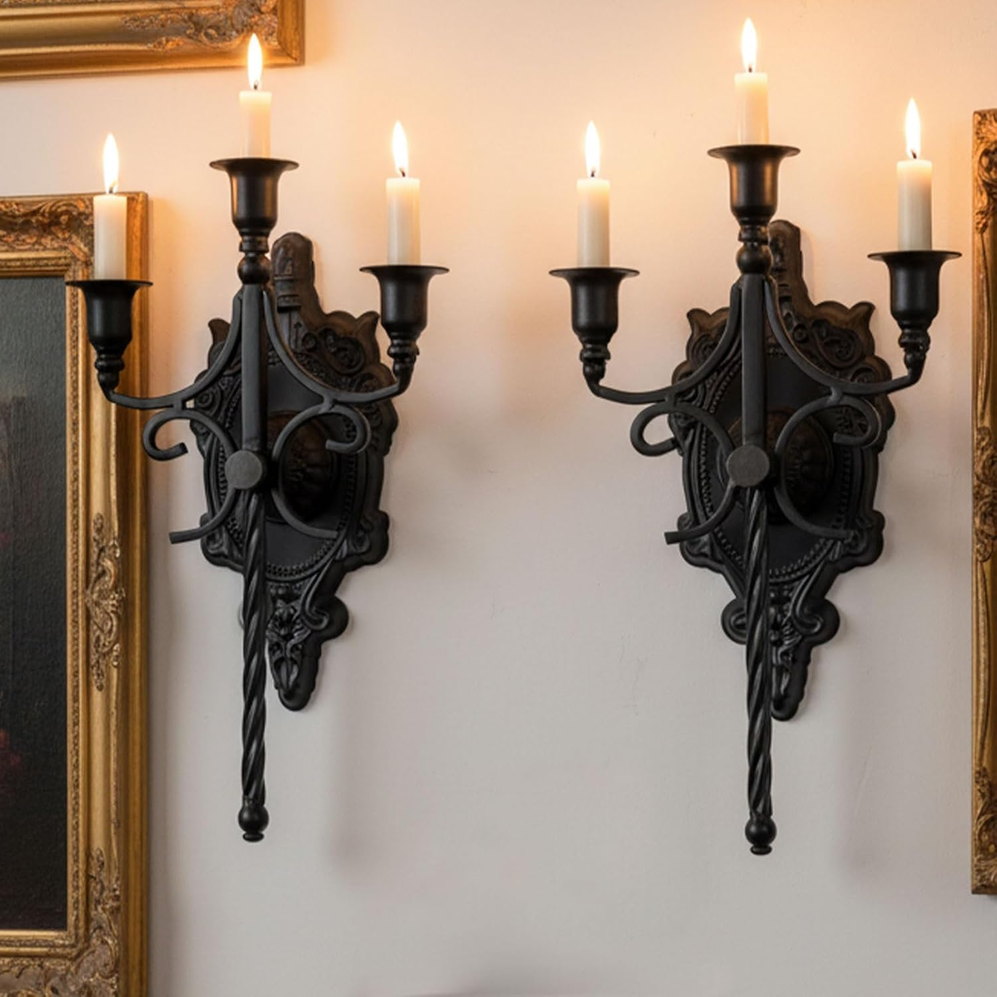 3-Arm Gothic Wall Sconce Set of Two | Victorian Metal Candle Holder | Dark Academia Decor