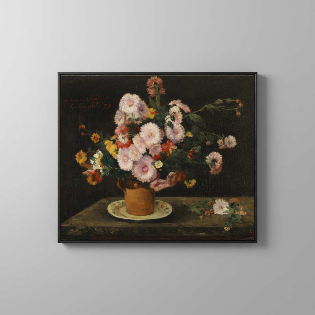 Vintage floral still life fine art print, displayed in simple black frame on light gray wall - botanical wall art