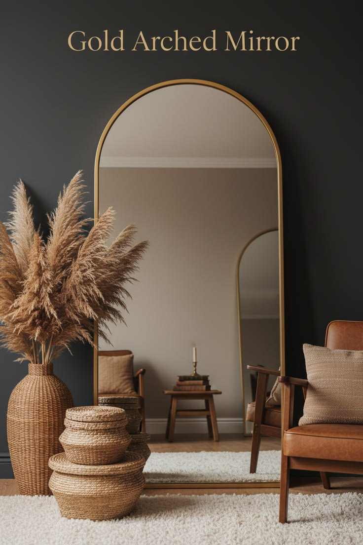 Gold Arched Mirror - Full Length Floor Mirror with Minimalist Metal Frame