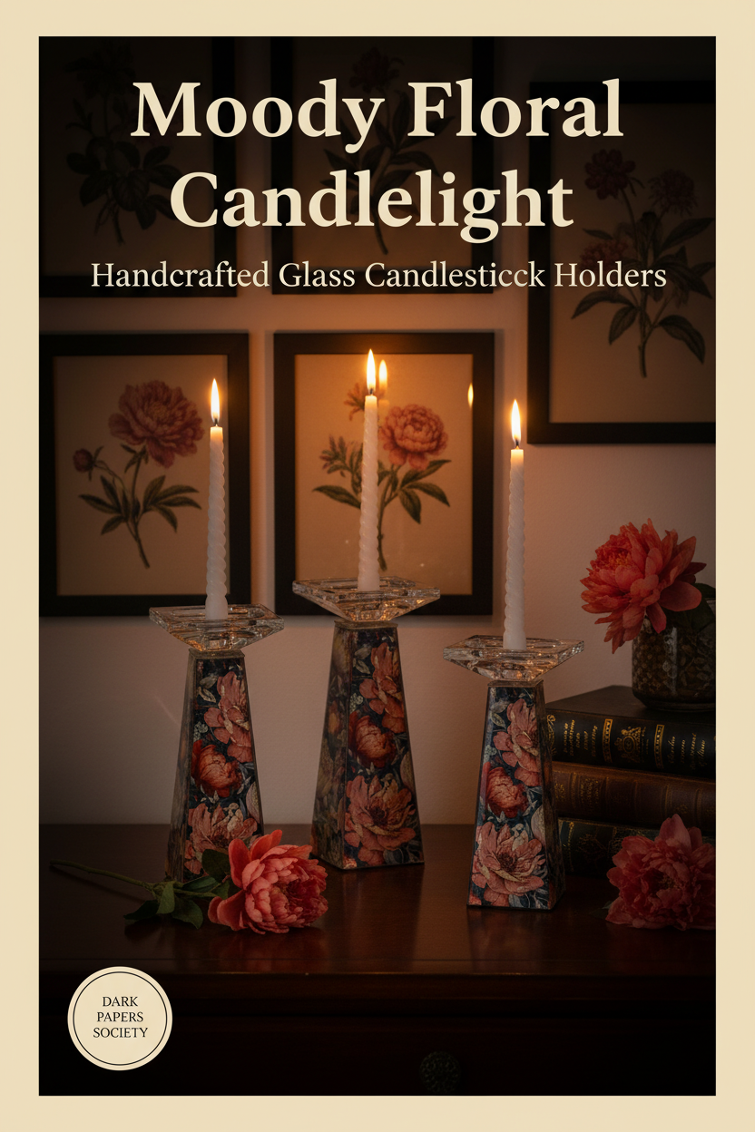 Moody floral candlelight scene with handcrafted glass candlestick holders, botanical prints, and vintage books