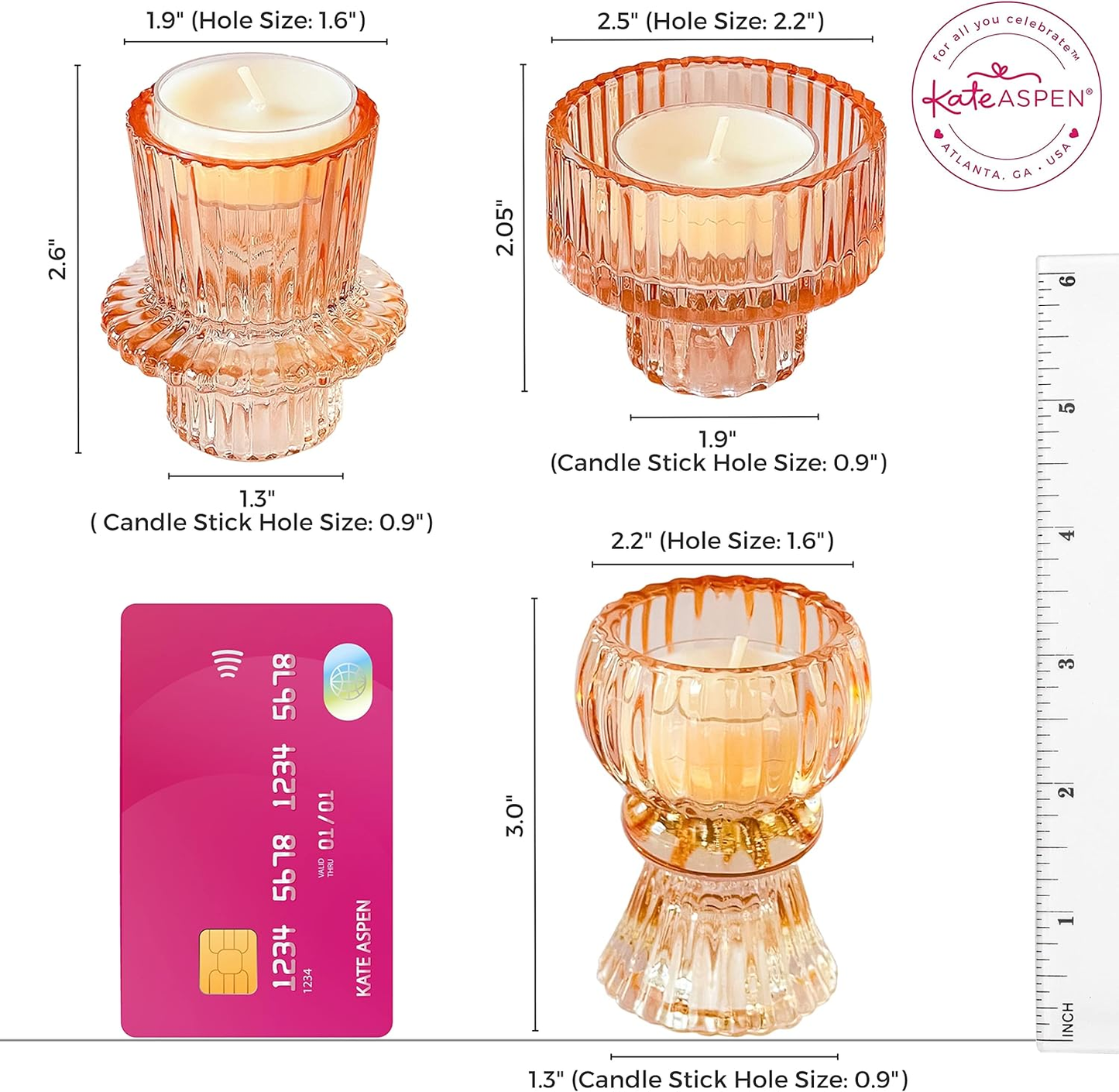 Vintage Ribbed Glass Rose Gold Candlestick Holders (Set of 6) – Tealight, Taper & Pillar Candle Holder Set