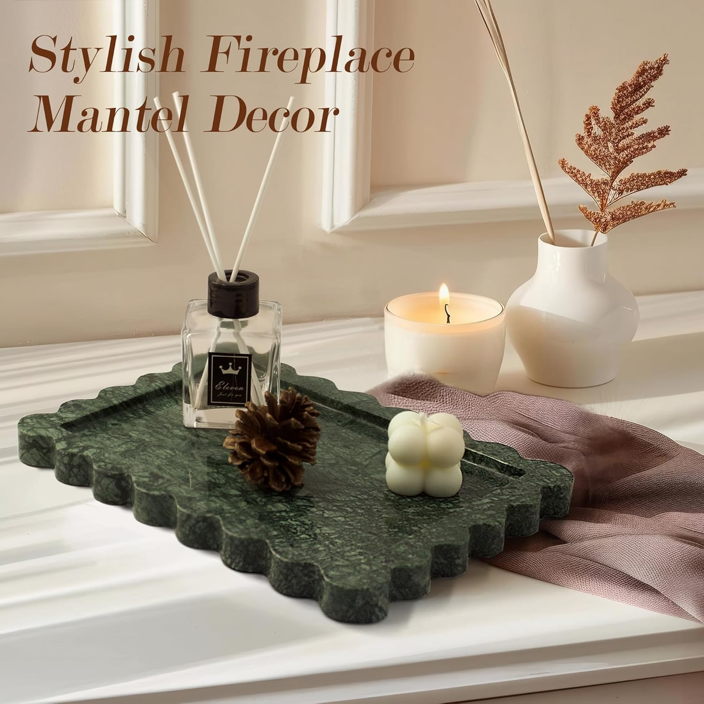 Genuine Indian Green Scalloped Marble Tray — Luxury Decorative Tray for Vanity & Home Decor