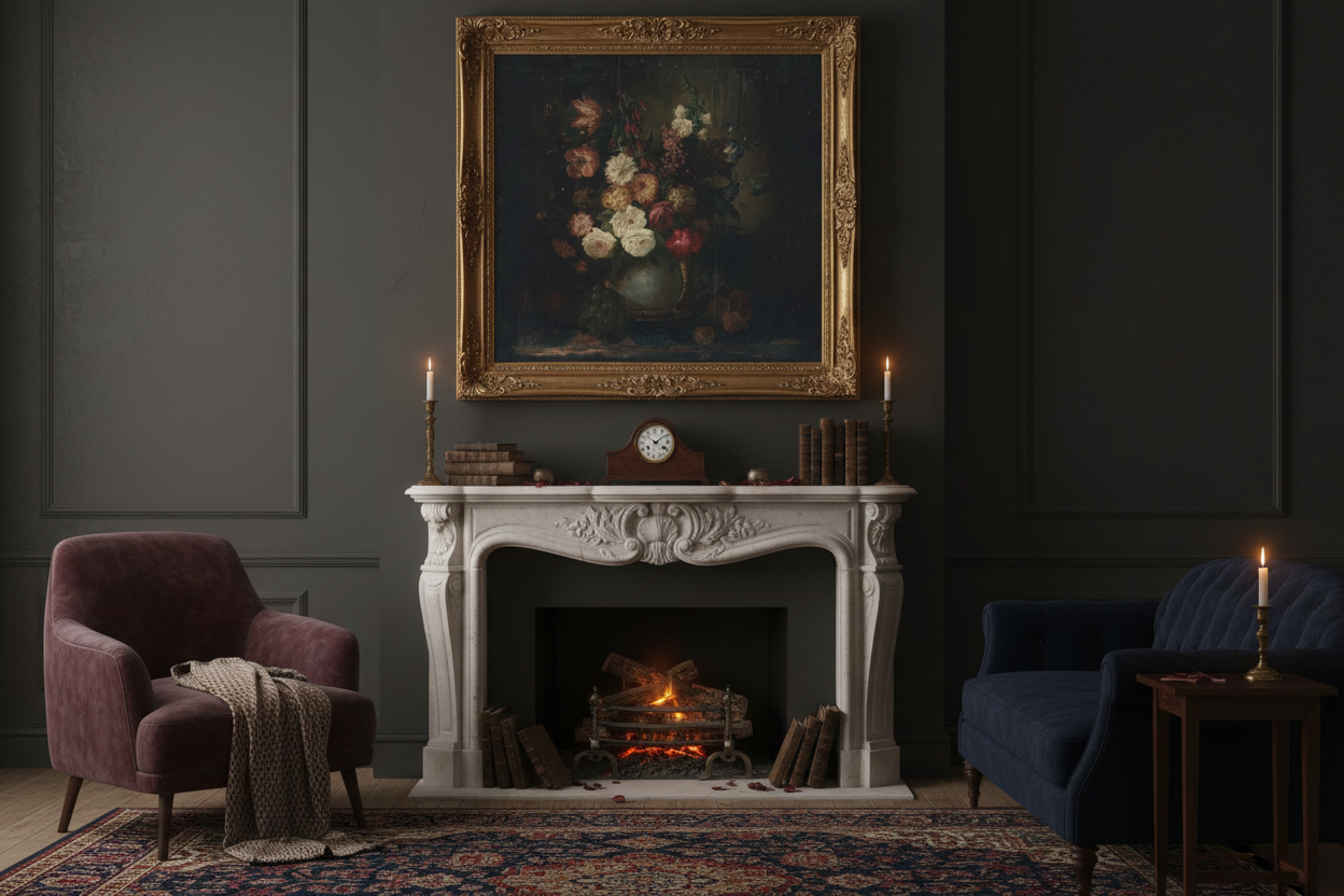 Dark romantic floral bouquet print in ornate gold frame above fireplace in moody luxurious living room