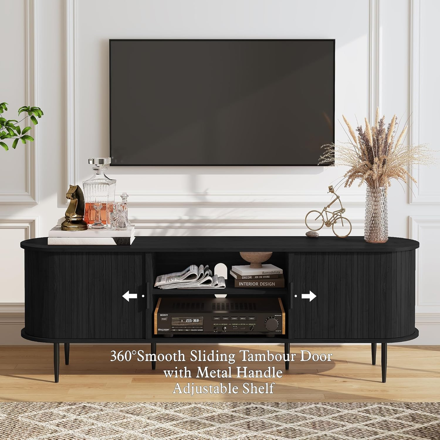 ARTPOWER 70" Modern TV Stand with Tambour Door - Black Entertainment Center for TVs up to 80"