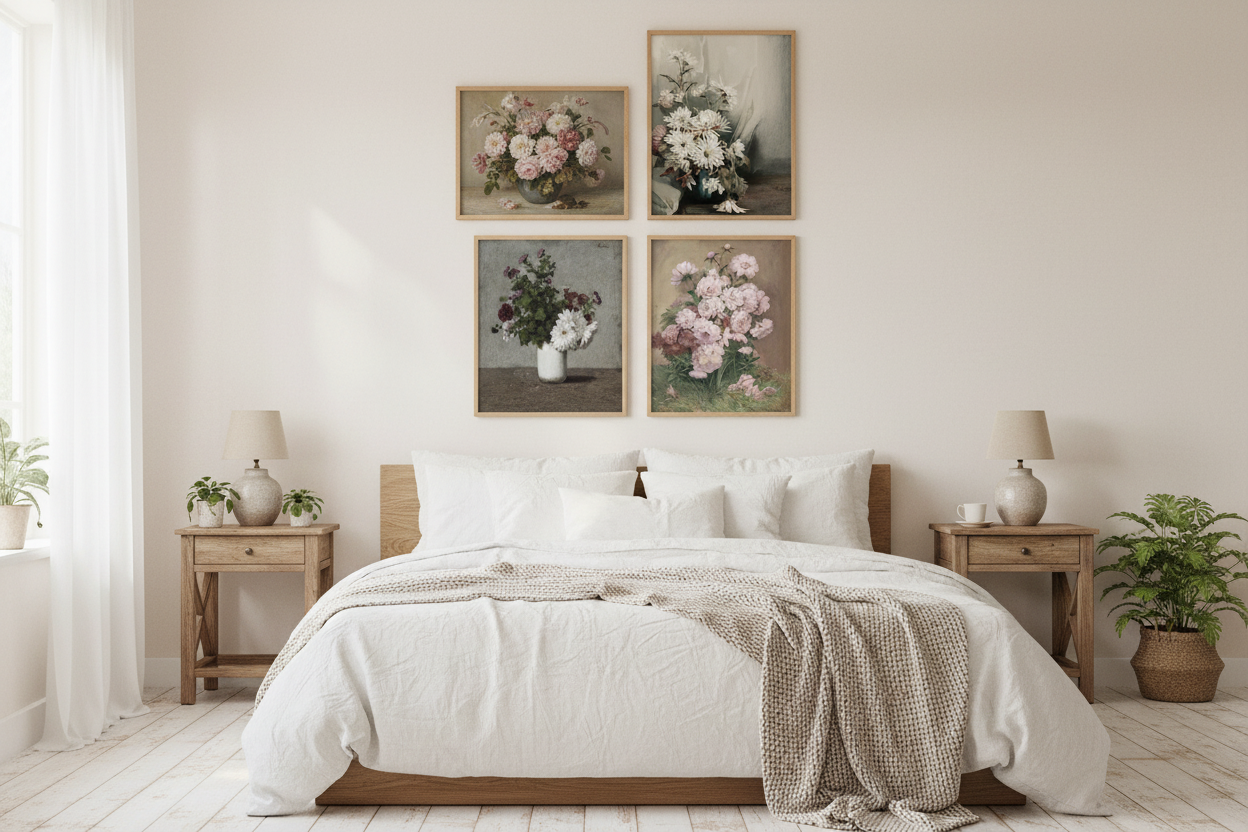 Soft romantic floral art prints in natural wood frames arranged as gallery wall in light cottagecore bedroom
