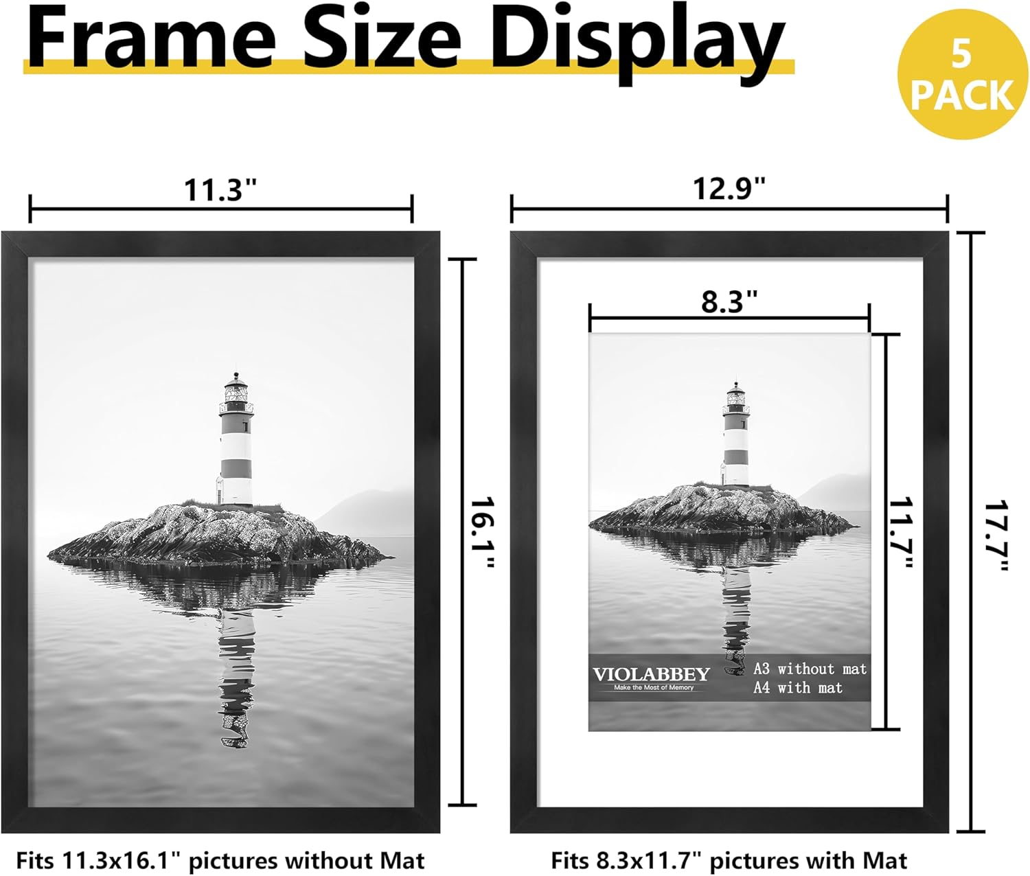 Two framed pictures with lighthouse images and dimensions displayed.