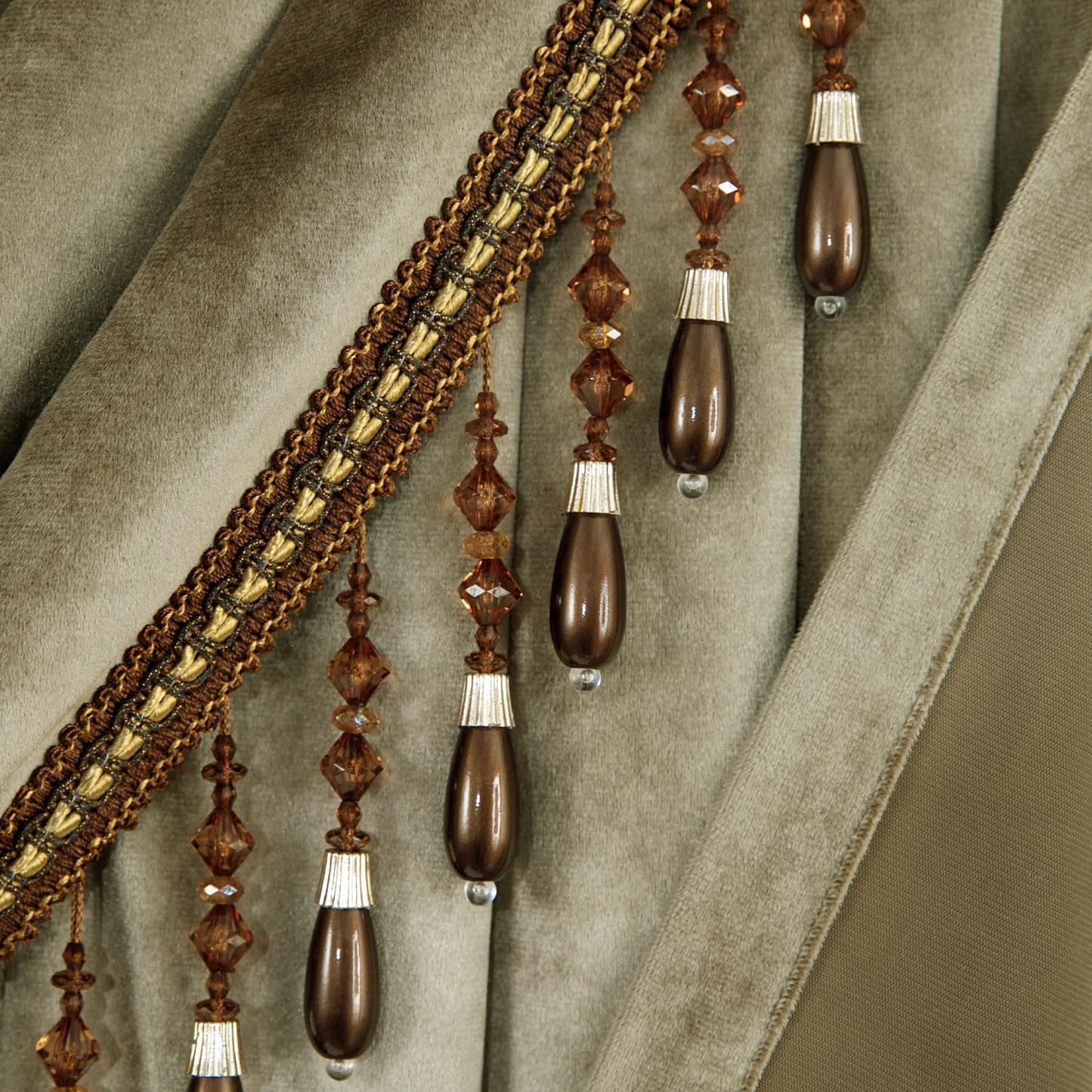 Vintage Waterfall Valance Curtain — Brown Velvet Window Treatment with Beaded Tassels