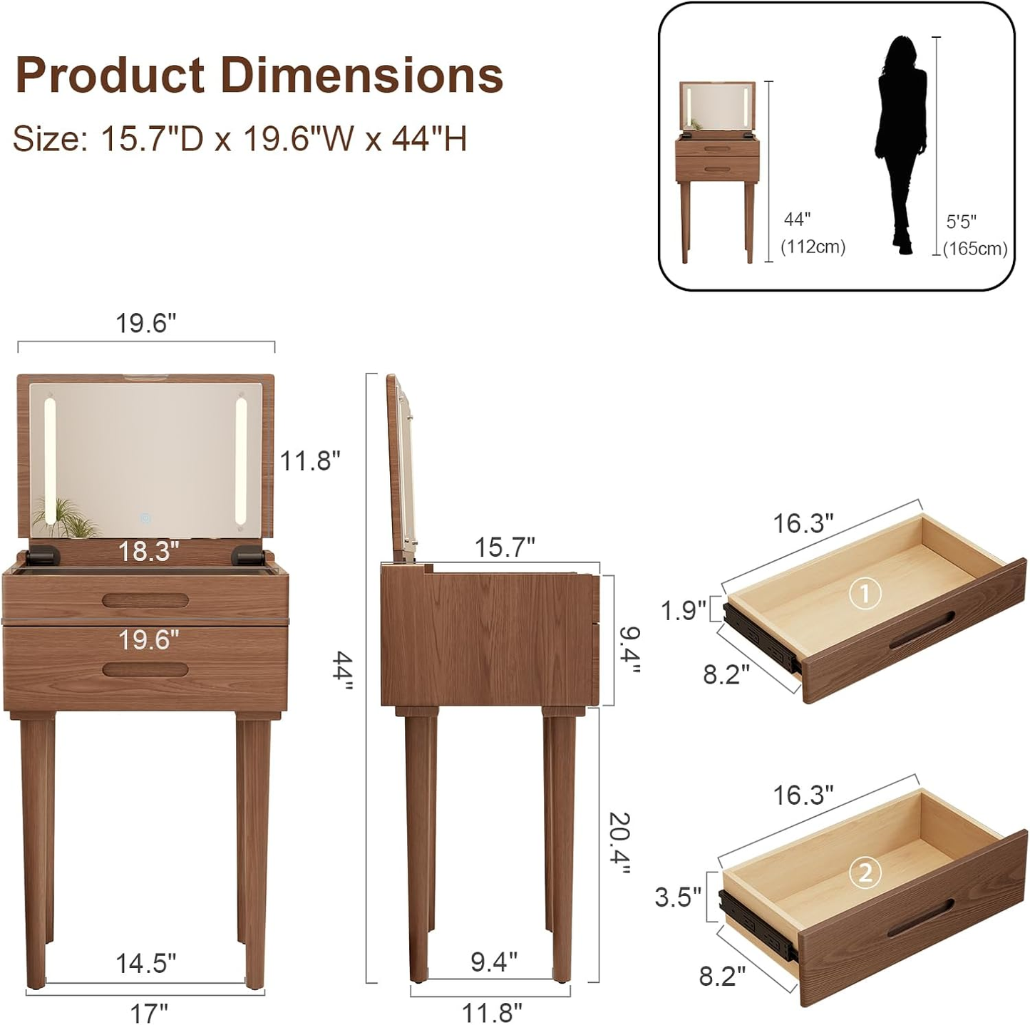 Solid Wood Walnut Vanity Desk with LED Mirror & Lights
