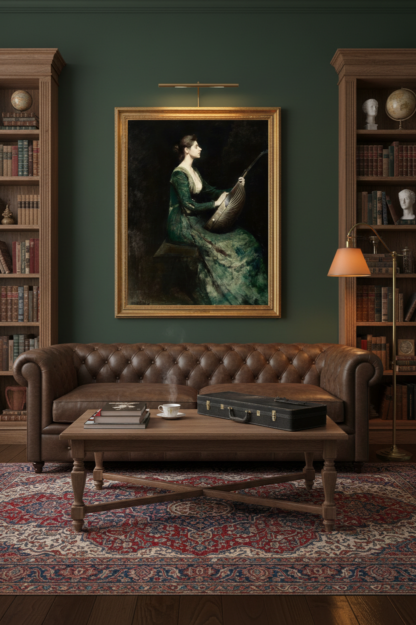 Elegant living room with vintage violin portrait on green wall