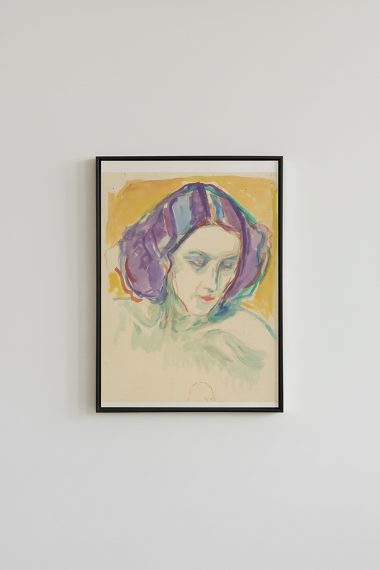 Vintage portrait watercolor fine art print, displayed in simple black frame on light gray wall - classical wall art