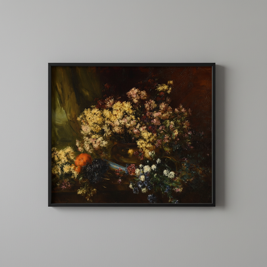 Romantic vintage flower still life fine art print, displayed in simple black frame on light gray wall - floral wall art
