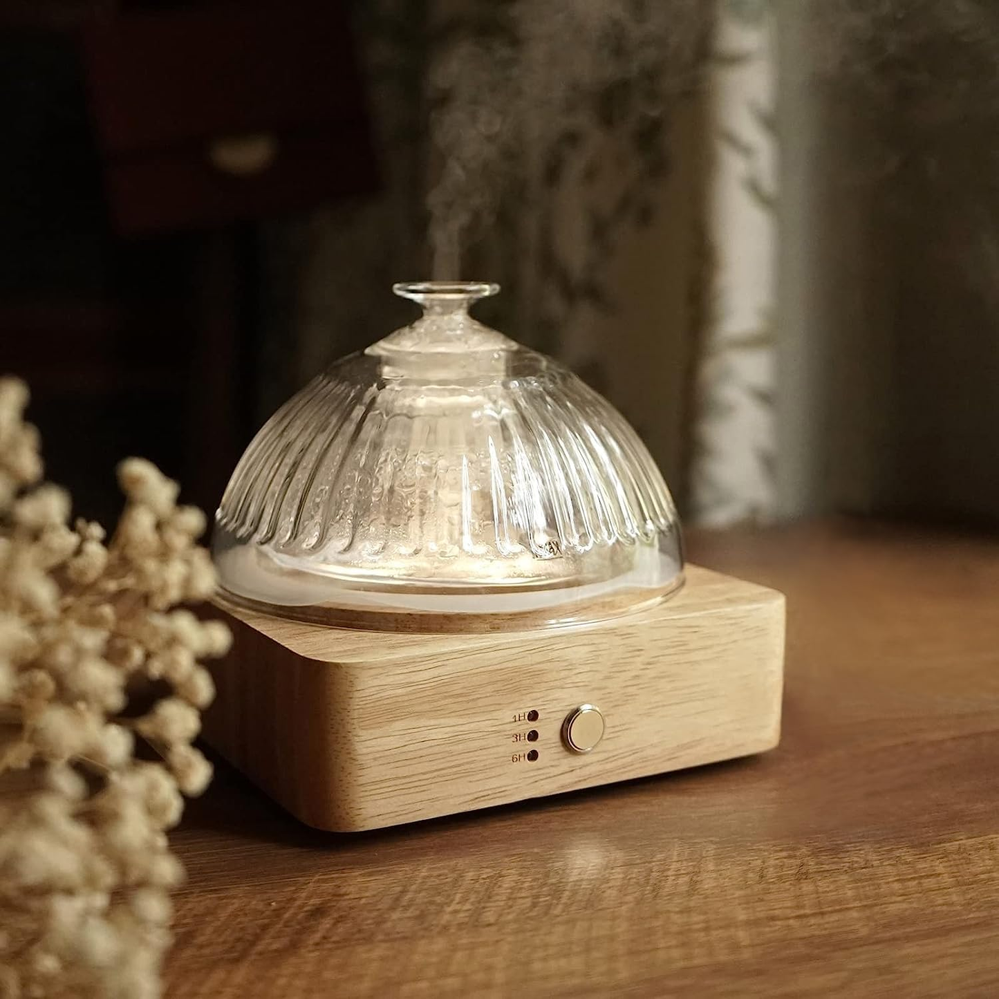 Glass Dome Essential Oil Diffuser with Wood Base - No Plastic Aromatherapy Diffuser