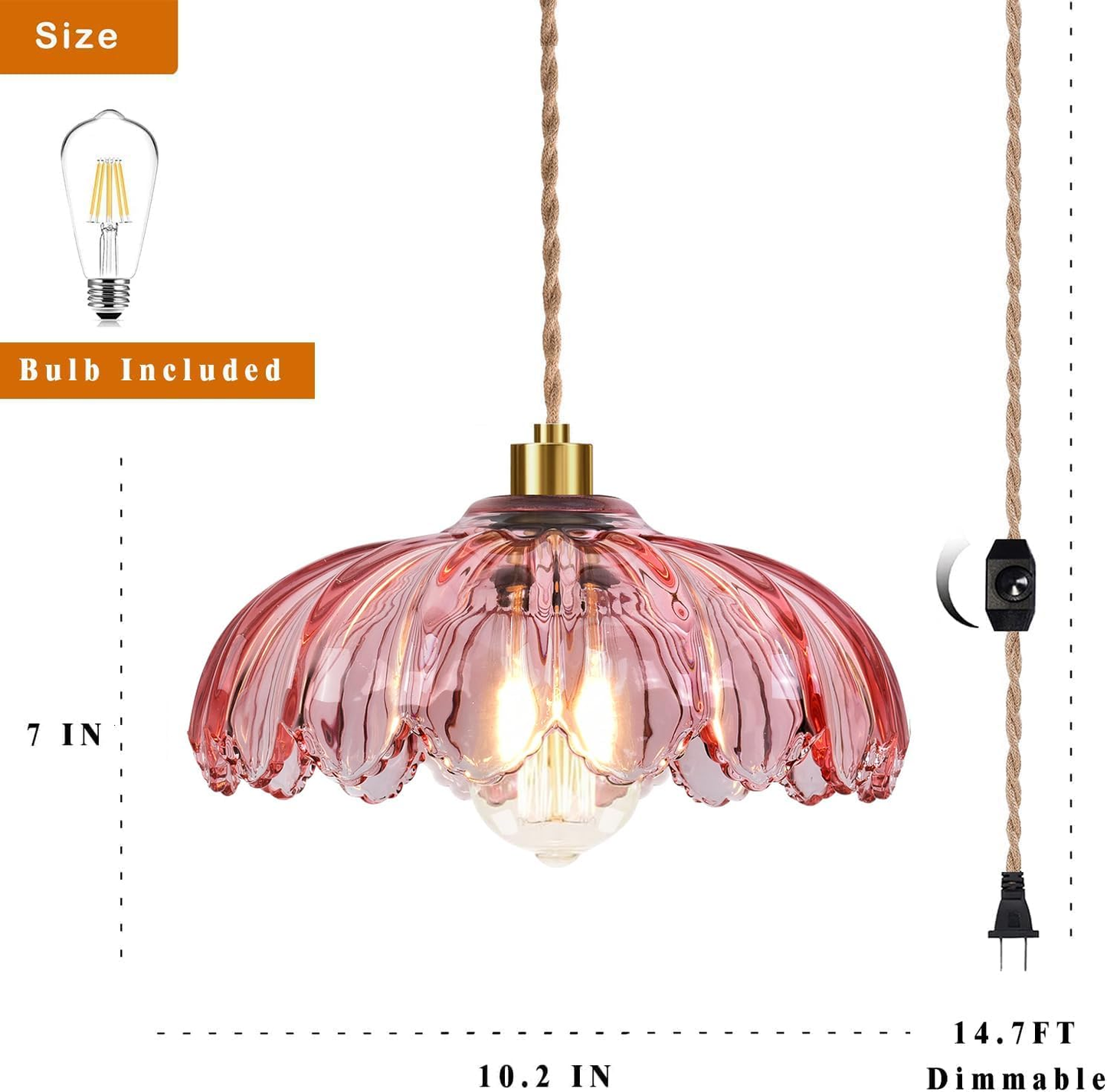 Pink Glass Pendant Light - Dimmable Flower Chandelier with Plug-In Cord & Gold Accents