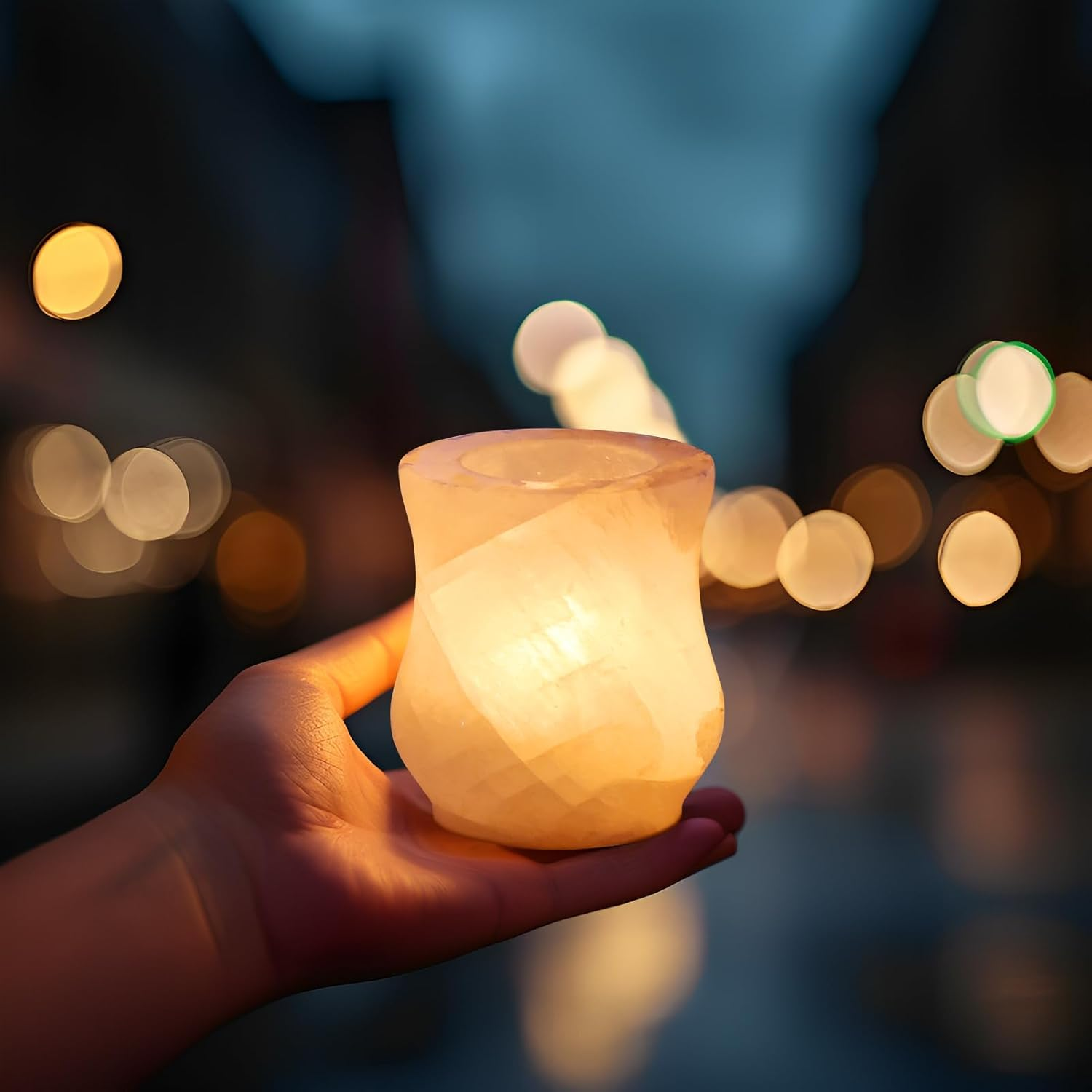 Hand holding a glowing lantern with blurred lights in the background