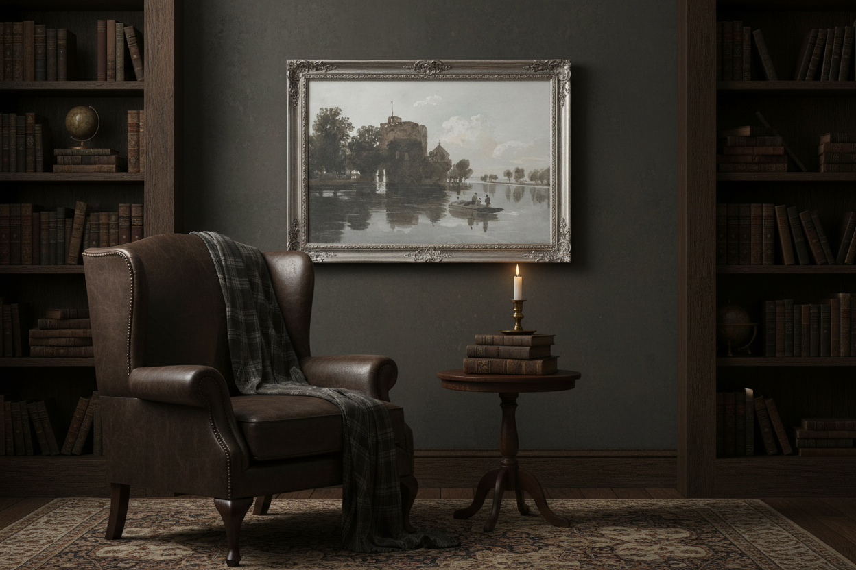 Misty castle lake landscape print in ornate silver frame on dark wall in romantic study with vintage books