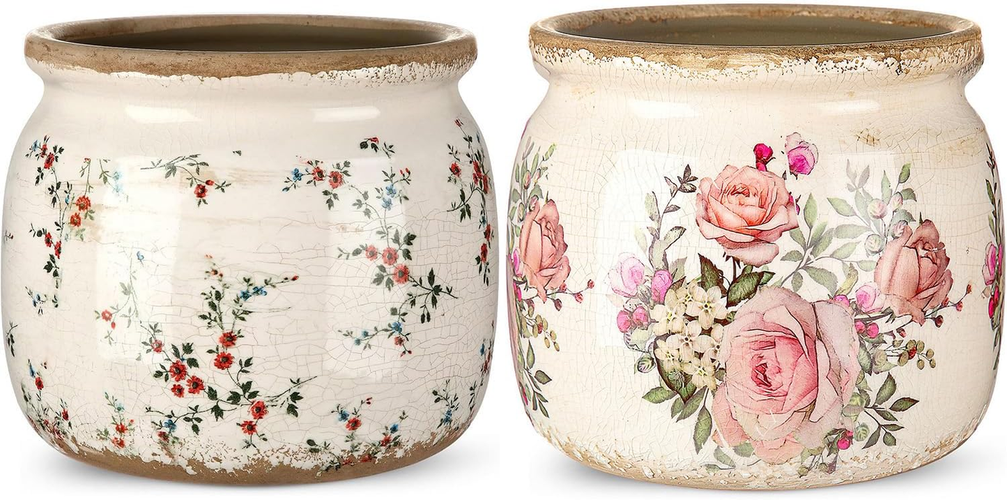 Vintage Floral Ceramic Planters Set of 2 — Distressed Pink Rose Crackle Glaze Pots